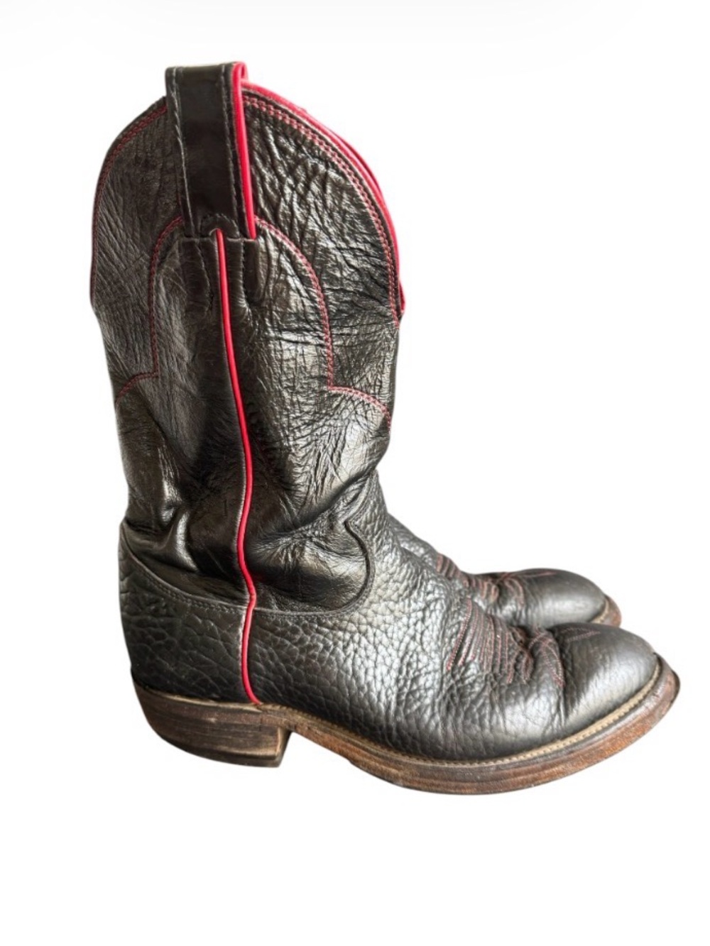 Vintage Justin Roper Cowboy Boots Black Bullhide Leather Red Piping Rugged 7.5 D